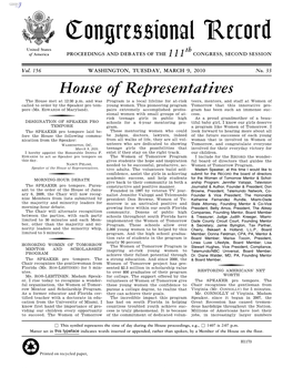 Congressional Record United States Th of America PROCEEDINGS and DEBATES of the 111 CONGRESS, SECOND SESSION