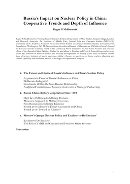 Russia's Impact on Nuclear Policy in China: Cooperative Trends And