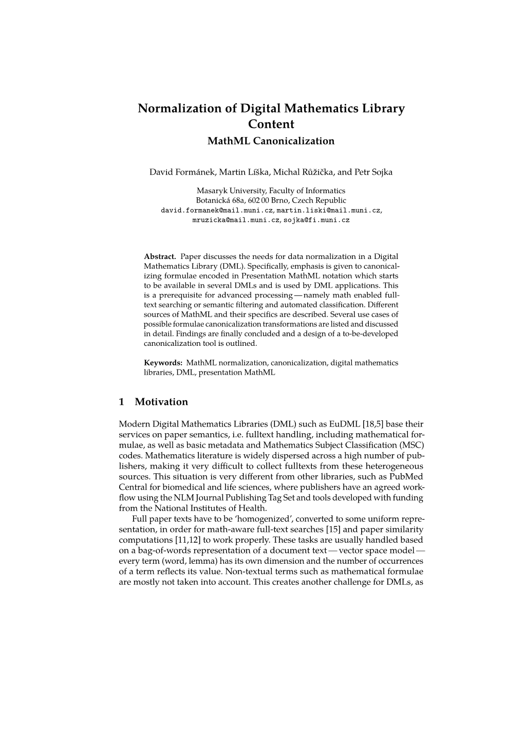 Normalization of Digital Mathematics Library Content Mathml Canonicalization