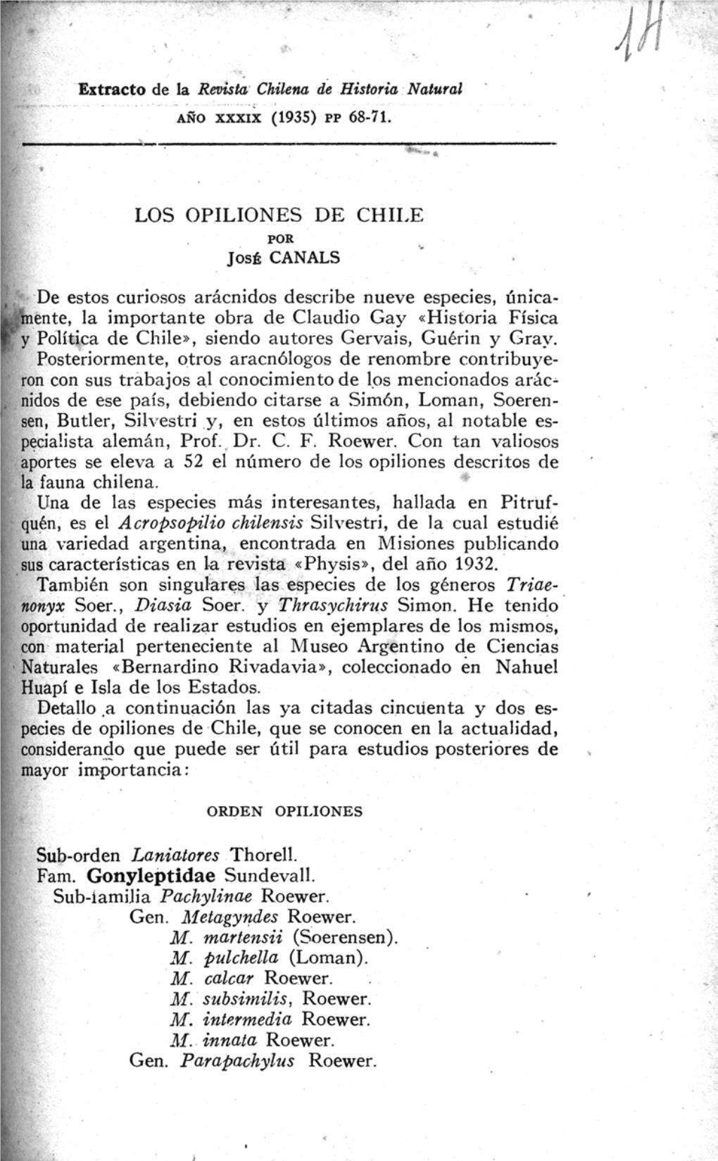 LOS OPILIONES DE CHILE José CANAL S De Estos Curiosos