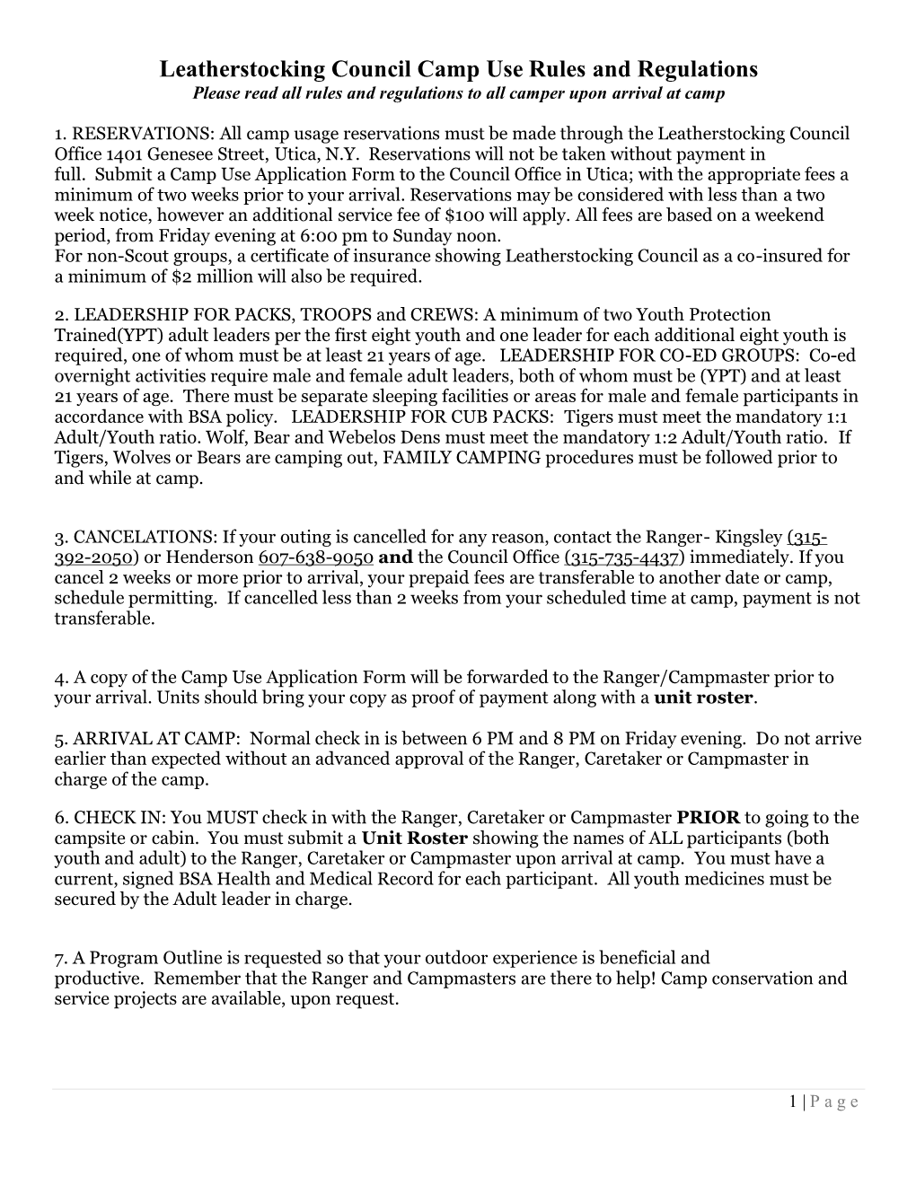 Leatherstocking Council Camp Use Rules and Regulations Please Read All Rules and Regulations to All Camper Upon Arrival at Camp