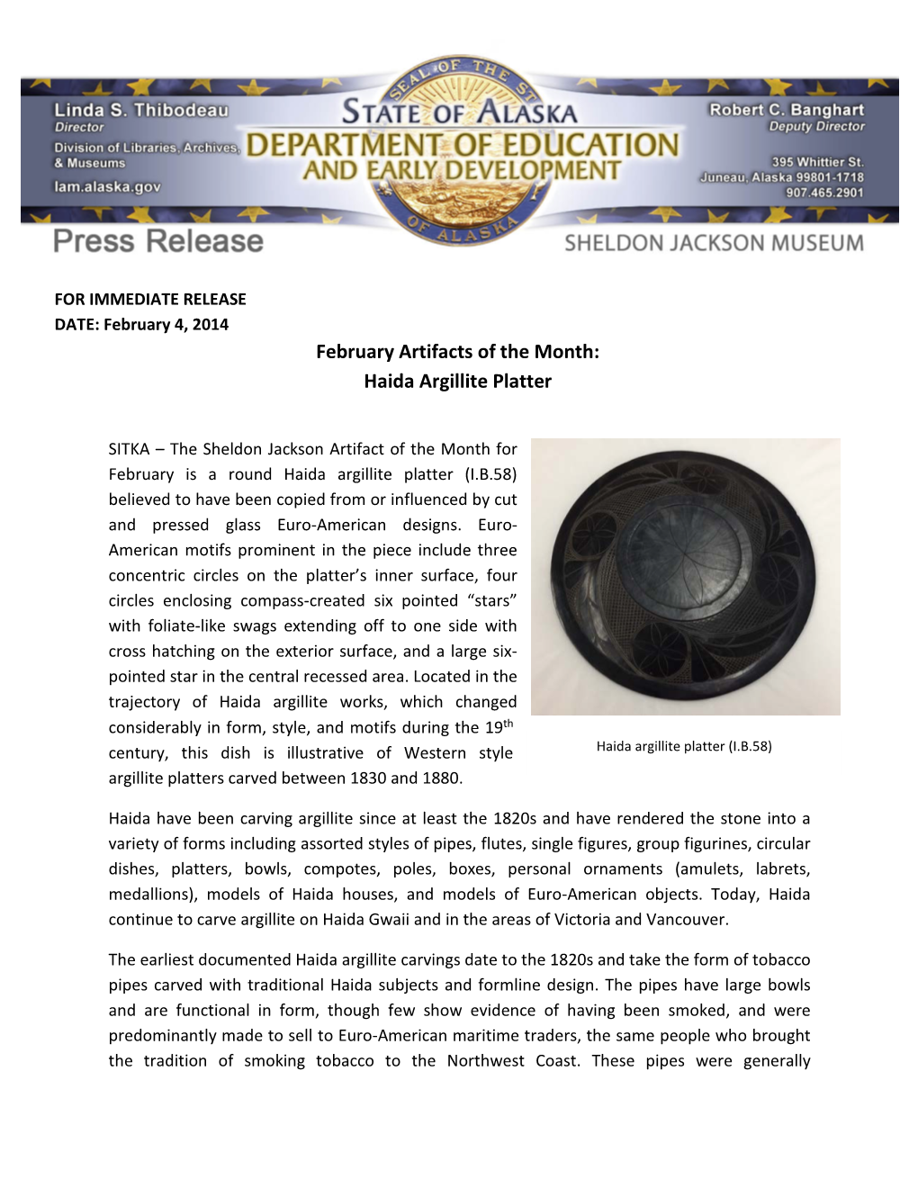 February 2014 Artifact of the Month Argillite Platter Article