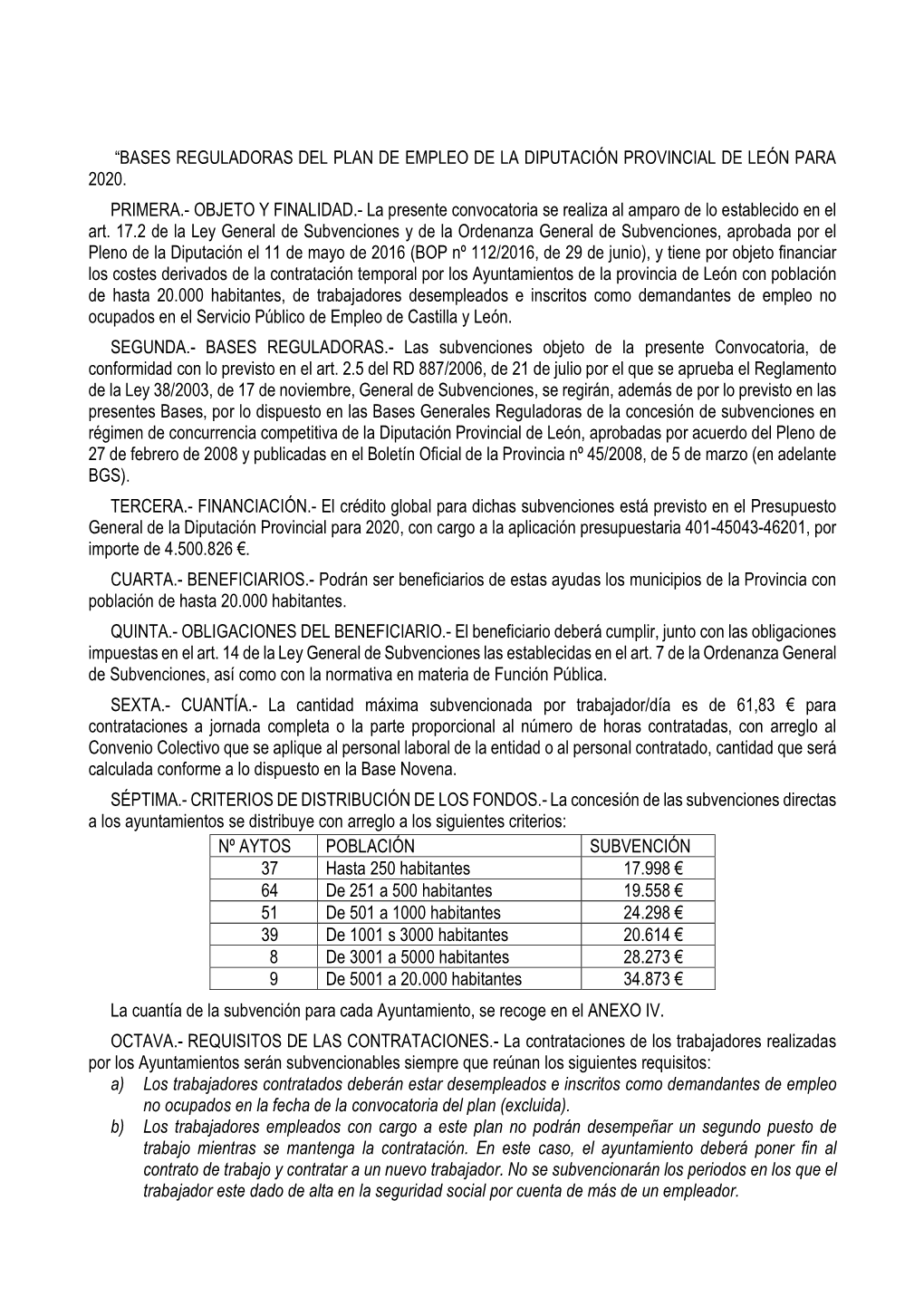 Bases Reguladoras Del Plan De Empleo De La Diputación Provincial De León Para 2020