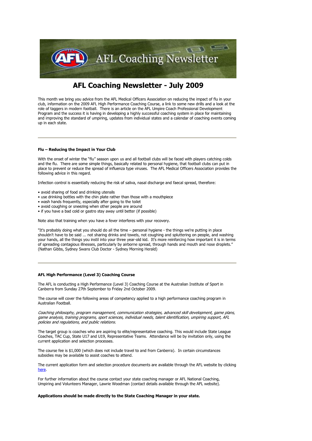 AFL Coaching Newsletter - July 2009