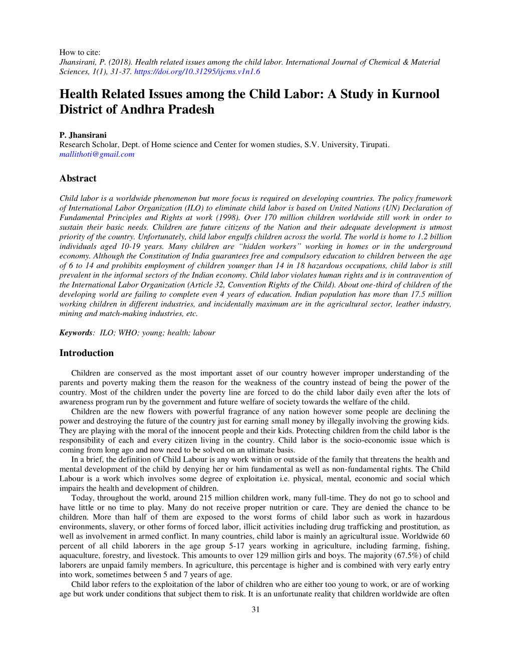 Health Related Issues Among the Child Labor: a Study in Kurnool District of Andhra Pradesh