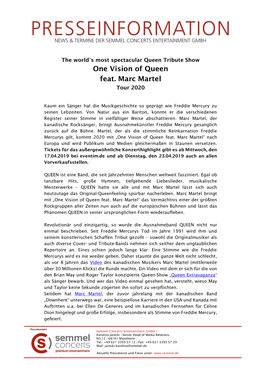 One Vision of Queen Feat. Marc Martel“ Nach Europa Und Wird Publikum Und Medien Gleichermaßen in Staunen Versetzen