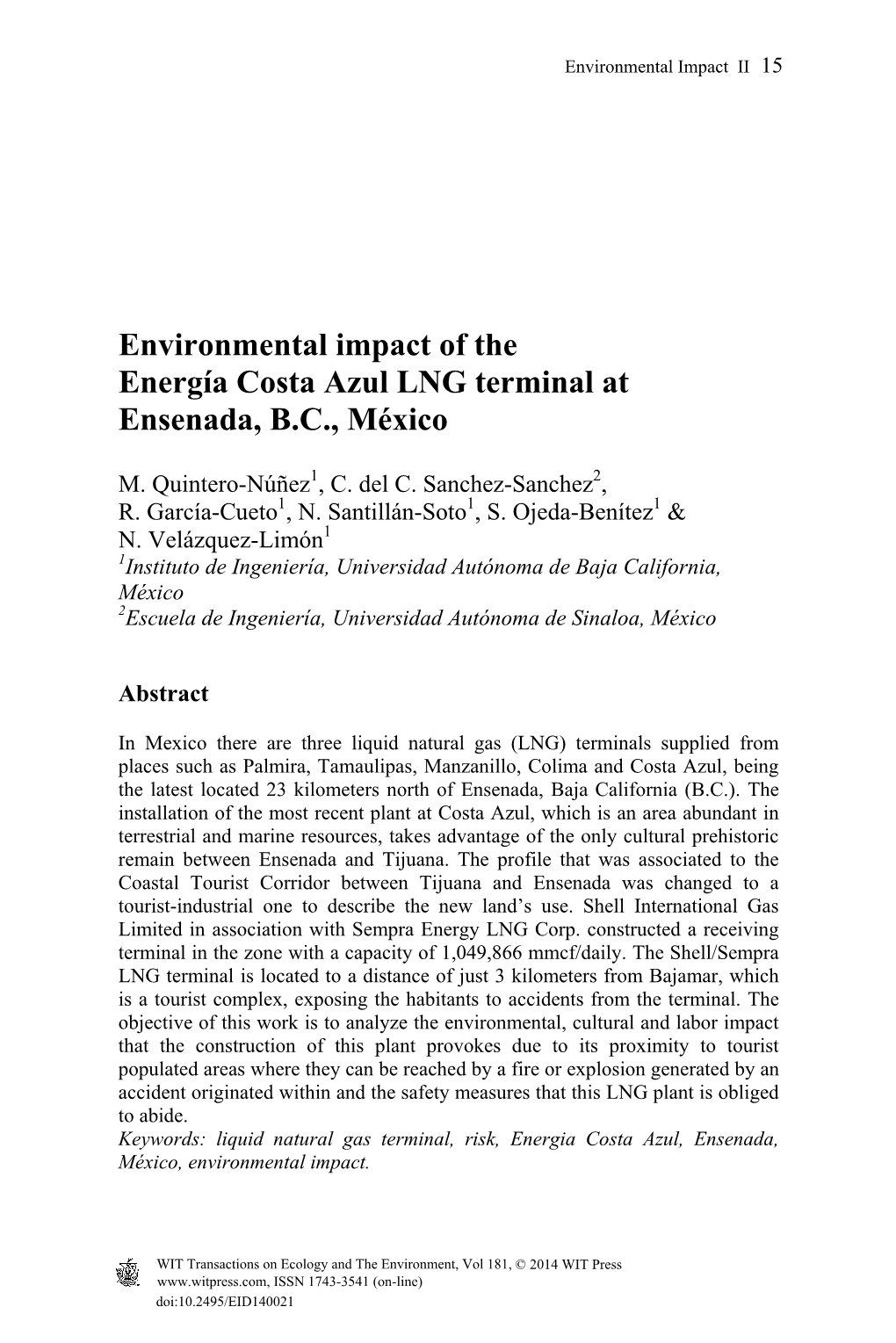 Environmental Impact of the Energía Costa Azul LNG Terminal at Ensenada, B.C., México