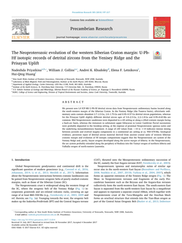 The Neoproterozoic Evolution of the Western Siberian Craton Margin U-Pb-Hf Isotopic Records of Detrital Zircons from the Yenise