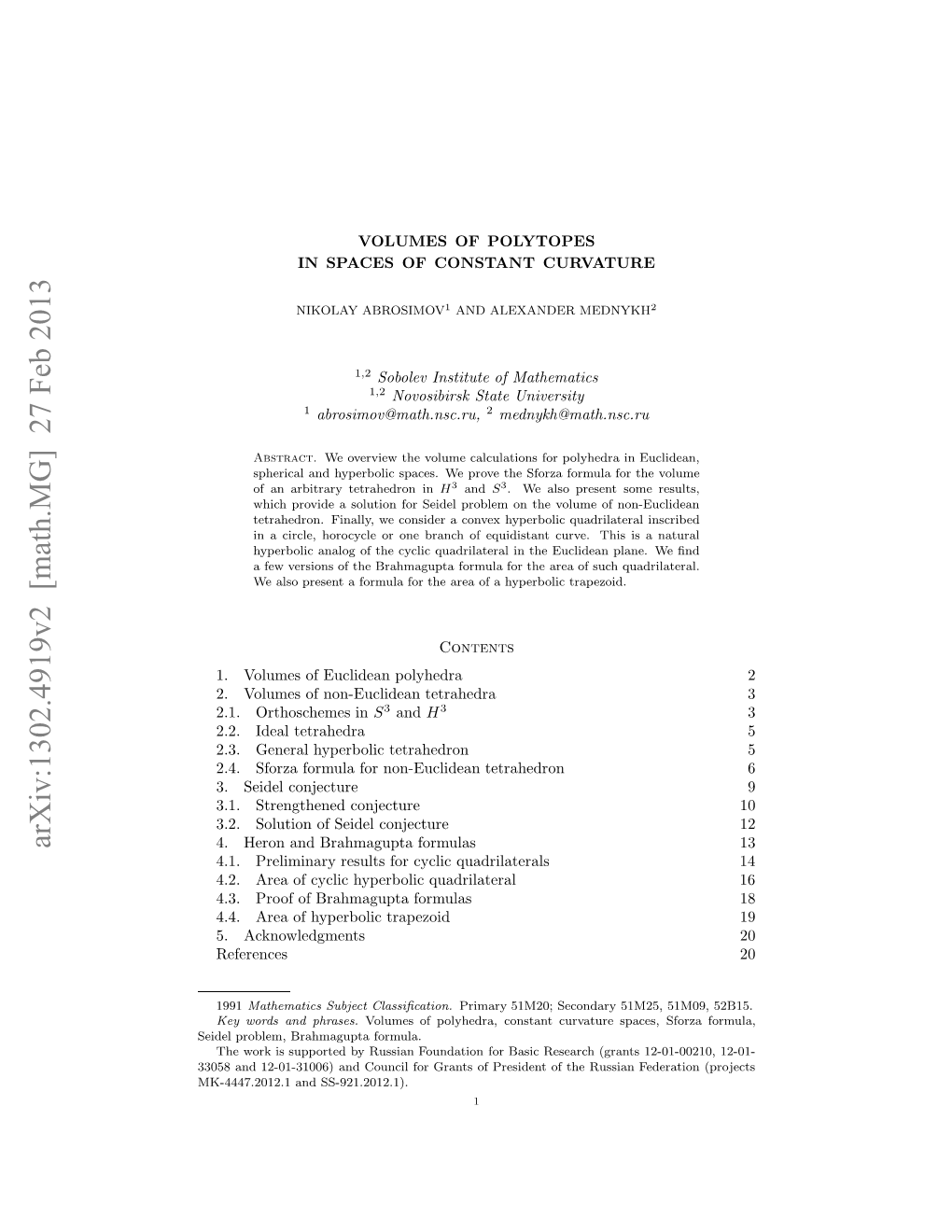 Volumes of Polytopes in Spaces of Constant Curvature 3