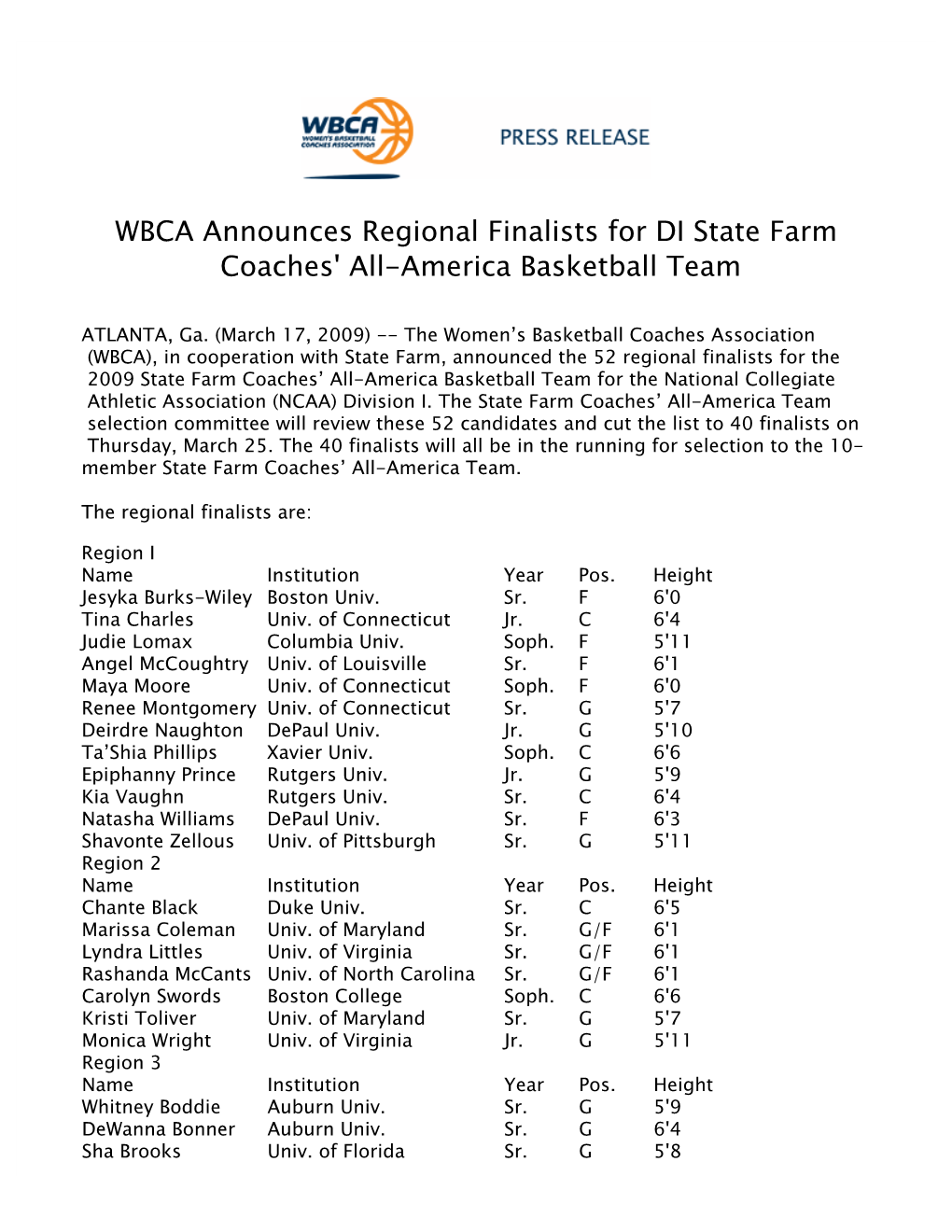 WBCA Announces Regional Finalists for DI State Farm Coaches' All-America Basketball Team
