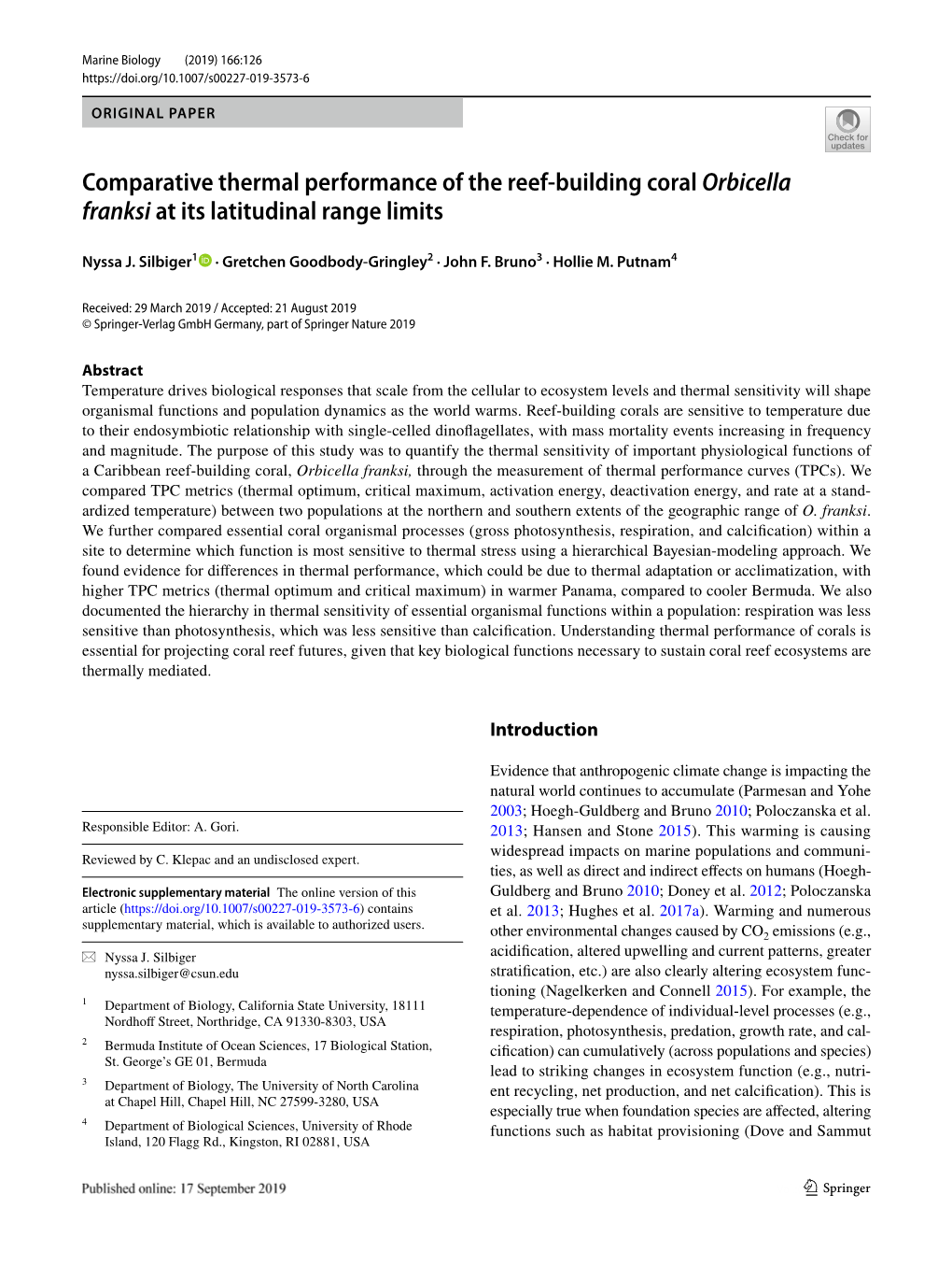 Comparative Thermal Performance of the Reef-Building Coral Orbicella