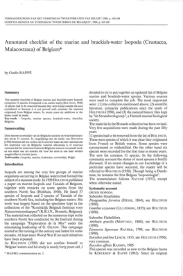 Annotated Checklist of the Marine and Brackish-Water Isopoda (Crustacea, Malacostraca) of Belgium*