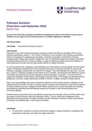 Pathways Assistant (Fixed Term Until September 2022) REQ210720