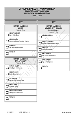 Official Ballot - Nonpartisan San Diego County, California Presidential Primary Election June 7, 2016