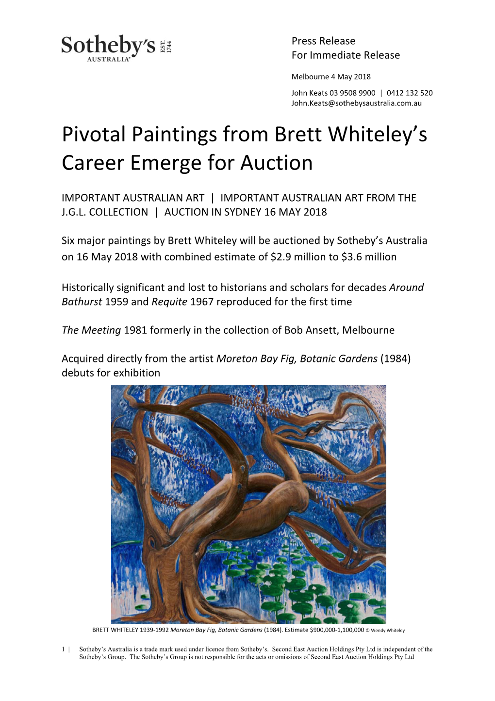 Masterpieces by Celebrated Australian Artist Brett Whiteley Will Be Offered for Auction by Sotheby’S Australia on Wednesday 16 May in Sydney