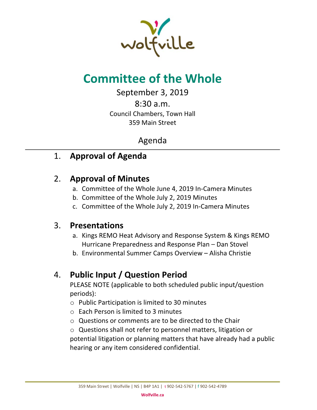 Committee of the Whole September 3, 2019 8:30 A.M