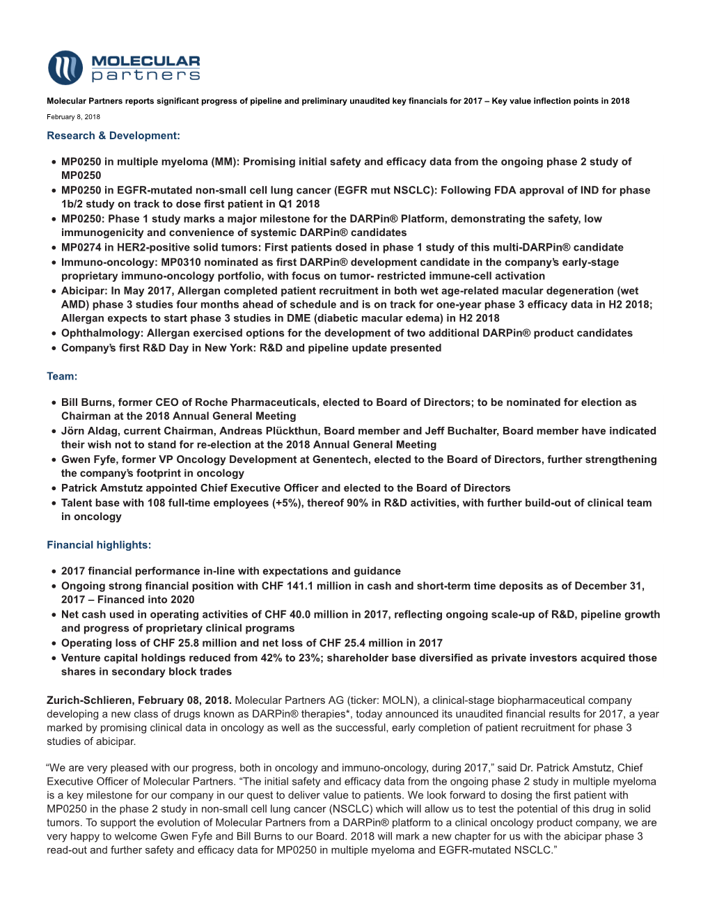 Molecular Partners Reports Significant Progress of Pipeline and Preliminary Unaudited Key Financials for 2017 – Key Value Inflection Points in 2018