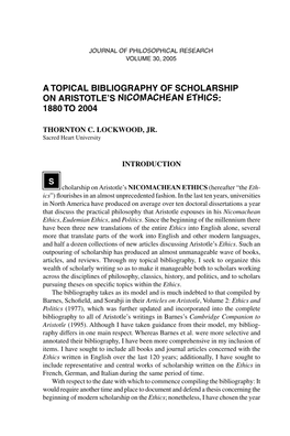A Topical Bibliography of Scholarship on Aristotle's Nicomachean Ethics