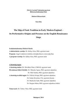 The Ship of Fools Tradition in Early Modern England – Its Performative Origins and Presence on the English Renaissance Stage