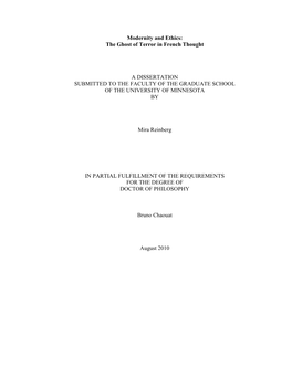 The Ghost of Terror in French Thought a DISSERTATION SUBMITTED to the FACULTY of the GRADUATE SCHOOL of TH