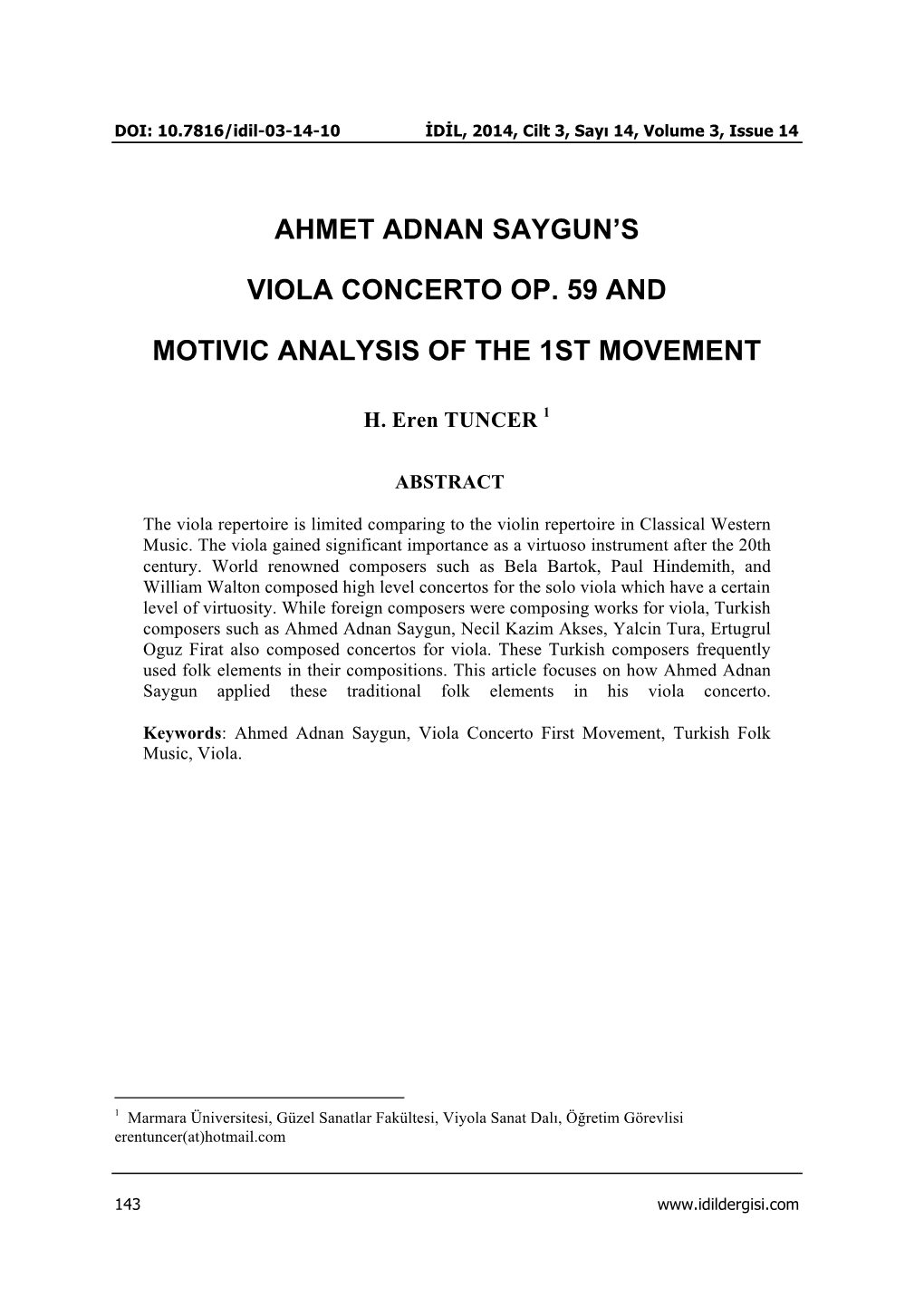 Ahmet Adnan Saygun's Viola Concerto Op. 59 and Motivic
