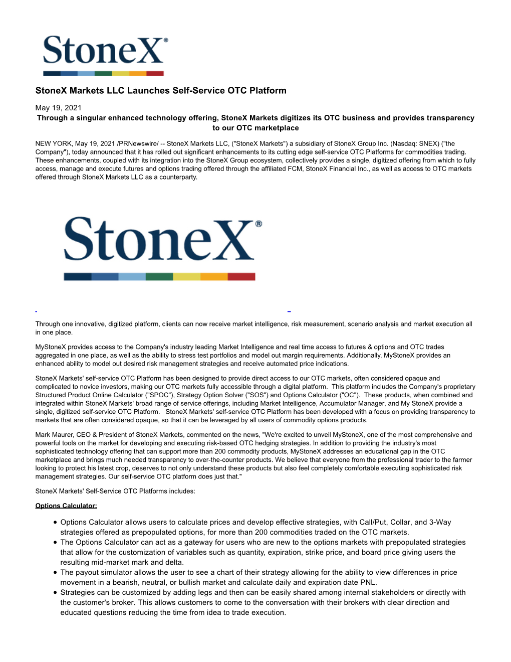 Stonex Markets LLC Launches Self-Service OTC Platform