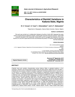 Characteristics of Rainfall Variations in Kaduna State, Nigeria
