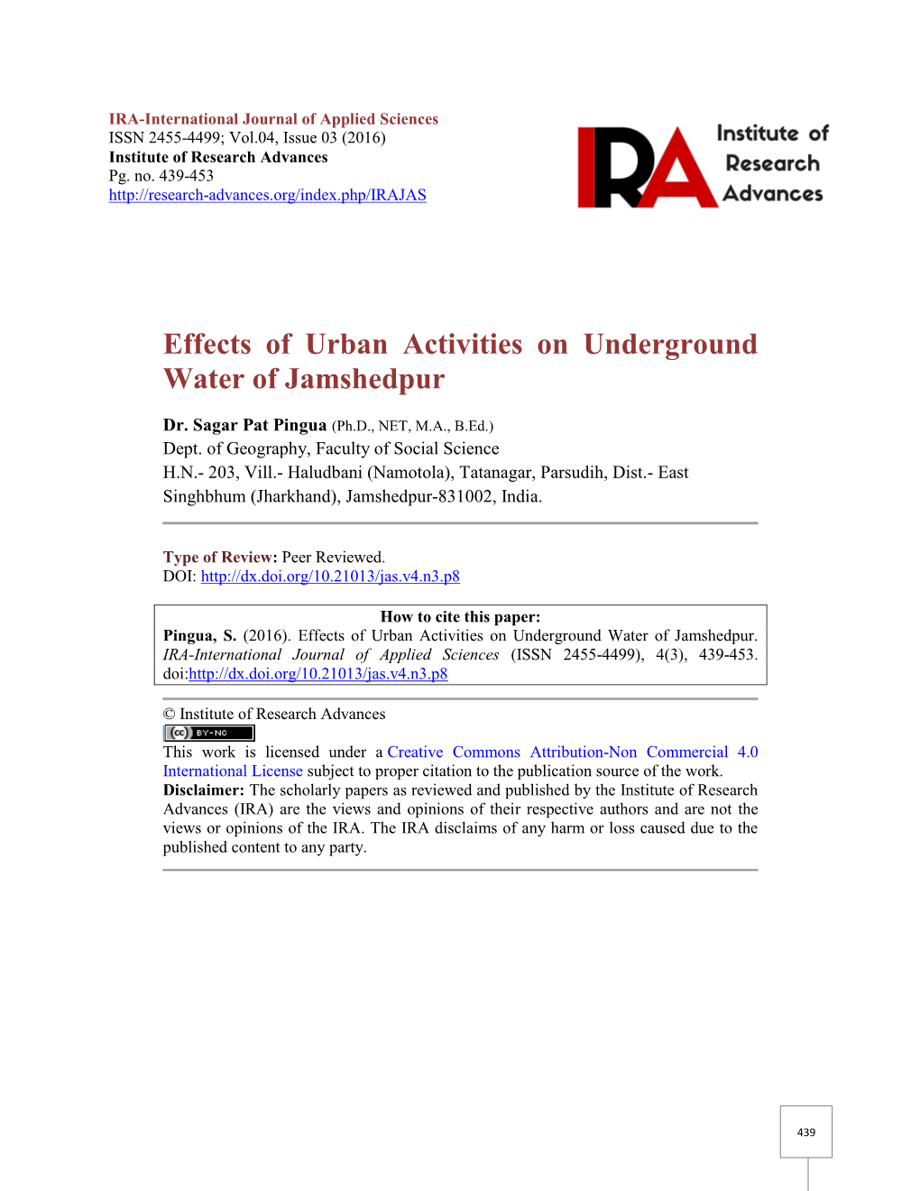 Effects of Urban Activities on Underground Water of Jamshedpur