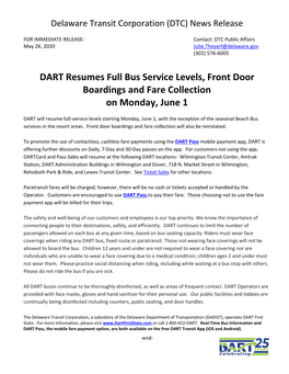 DART Resumes Full Bus Service Levels, Front Door Boardings and Fare Collection on Monday, June 1