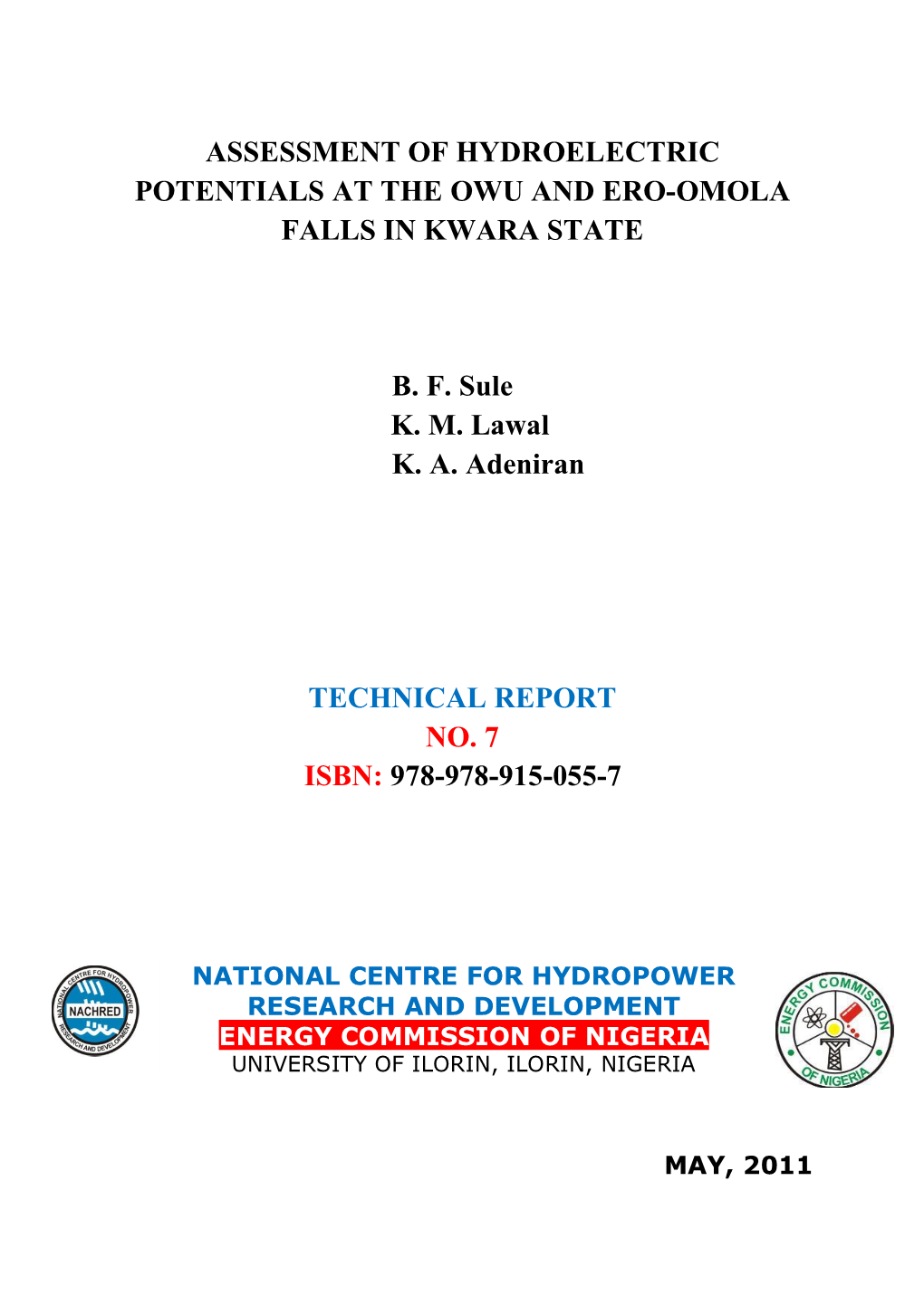 Assessment of Hydroelecric Potentials of Owu and Ero-Omola Falls in Kwara State, Nigeria