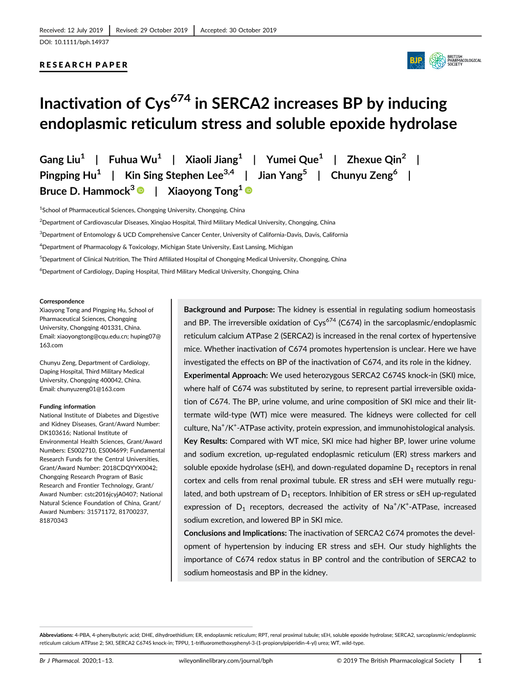 Inactivation of Cys674 in SERCA2 Increases BP by Inducing Endoplasmic Reticulum Stress and Soluble Epoxide Hydrolase