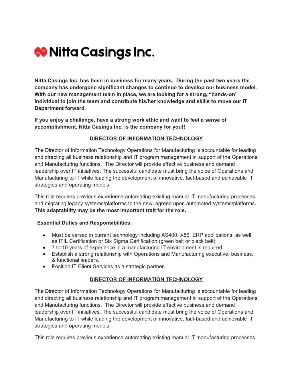 Nitta Casings Inc. Has Been in Business for Many Years. During the Past Two Years The