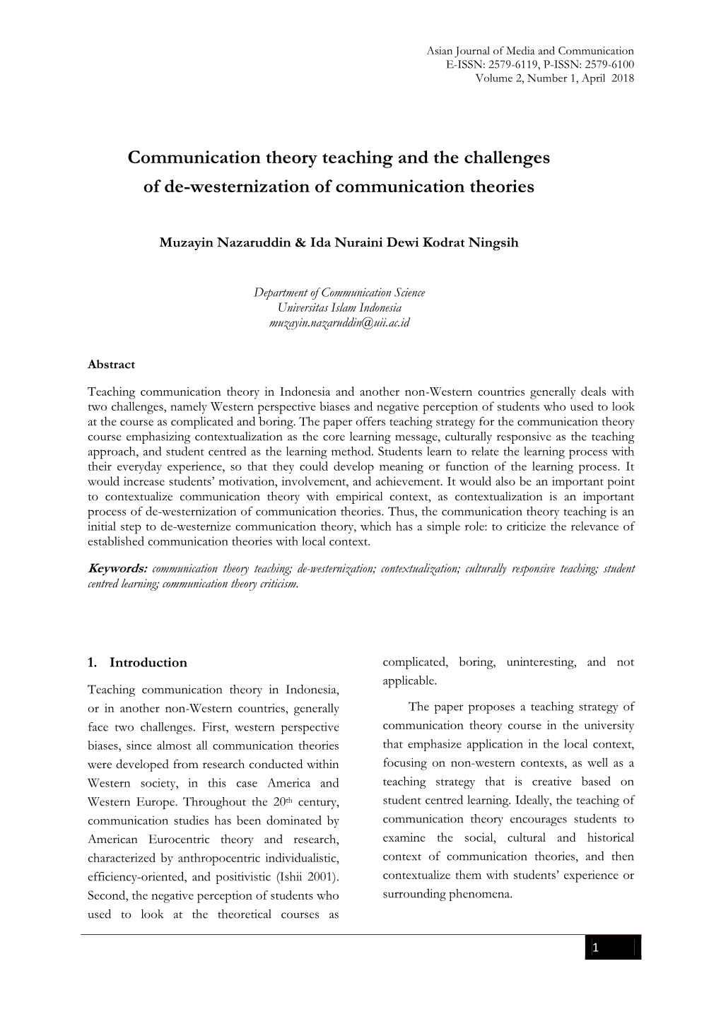 Communication Theory Teaching and the Challenges of De-Westernization of Communication Theories