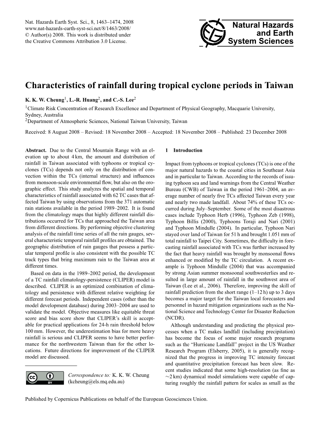 Characteristics of Rainfall During Tropical Cyclone Periods in Taiwan