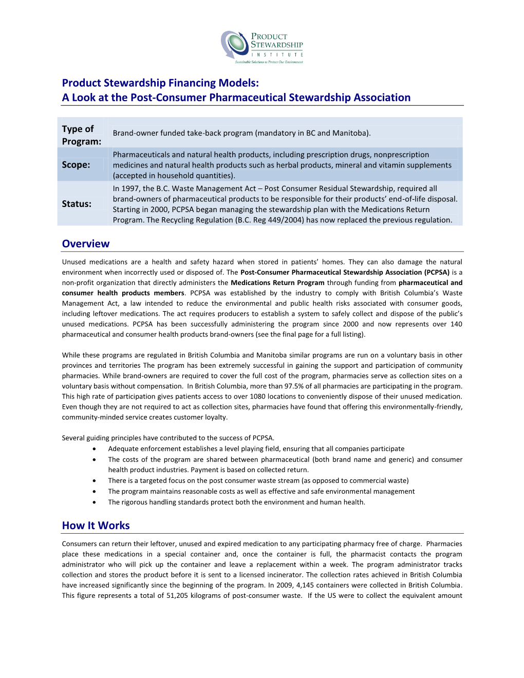 Product Stewardship Financing Models: a Look at the Post-Consumer Pharmaceutical Stewardship Association