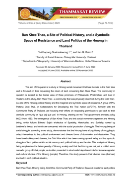 Ban Khee Thao, a Site of Political History, and a Symbolic Space of Resistance and Land Politics of the Hmong in Thailand