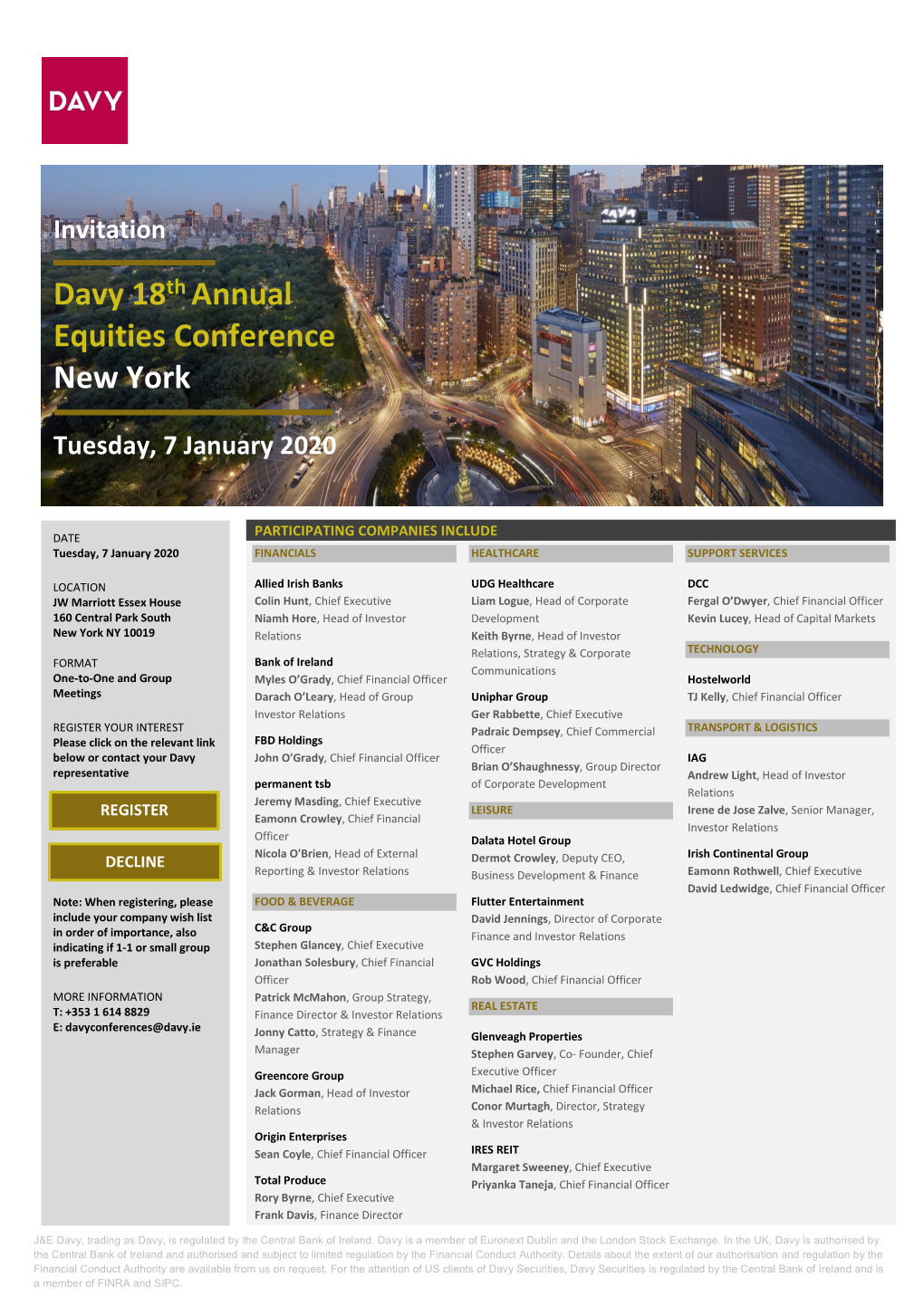 Davy 18Th Annual Equities Conference New York