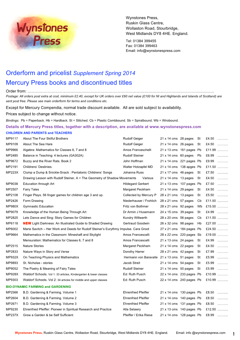 Orderform and Pricelist Supplement Spring 2014 Mercury Press Books