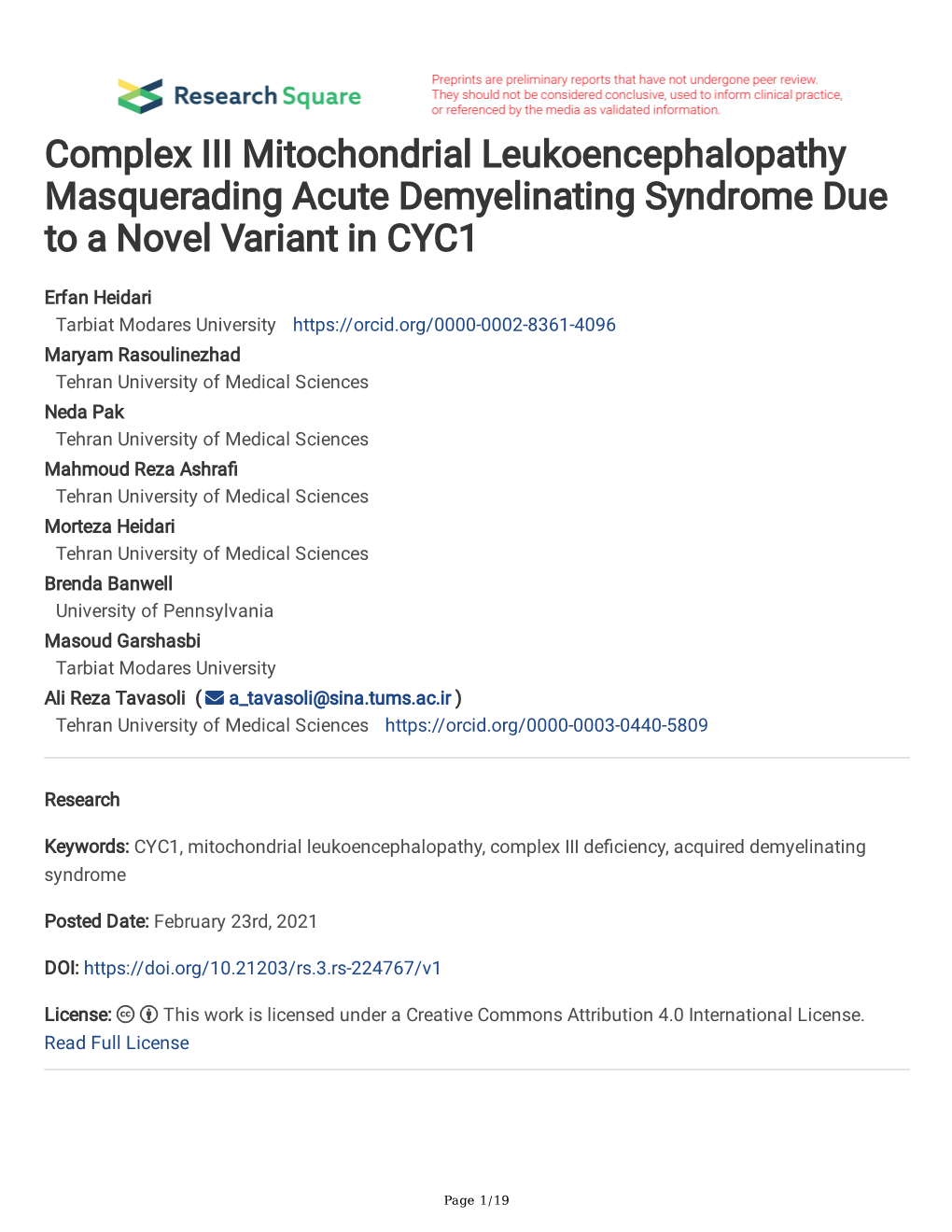 Complex III Mitochondrial Leukoencephalopathy Masquerading Acute Demyelinating Syndrome Due to a Novel Variant in CYC1