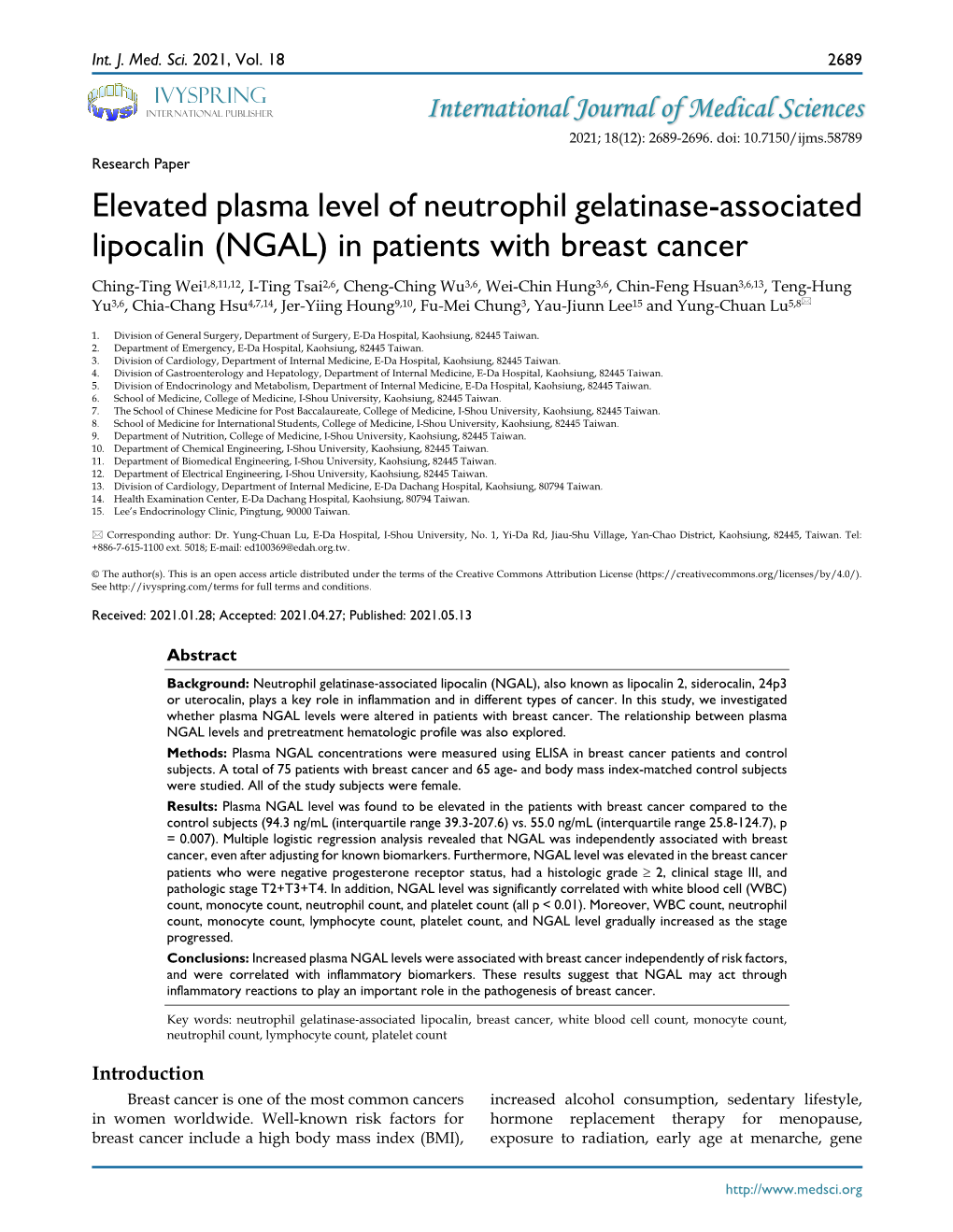 Elevated Plasma Level of Neutrophil Gelatinase-Associated Lipocalin