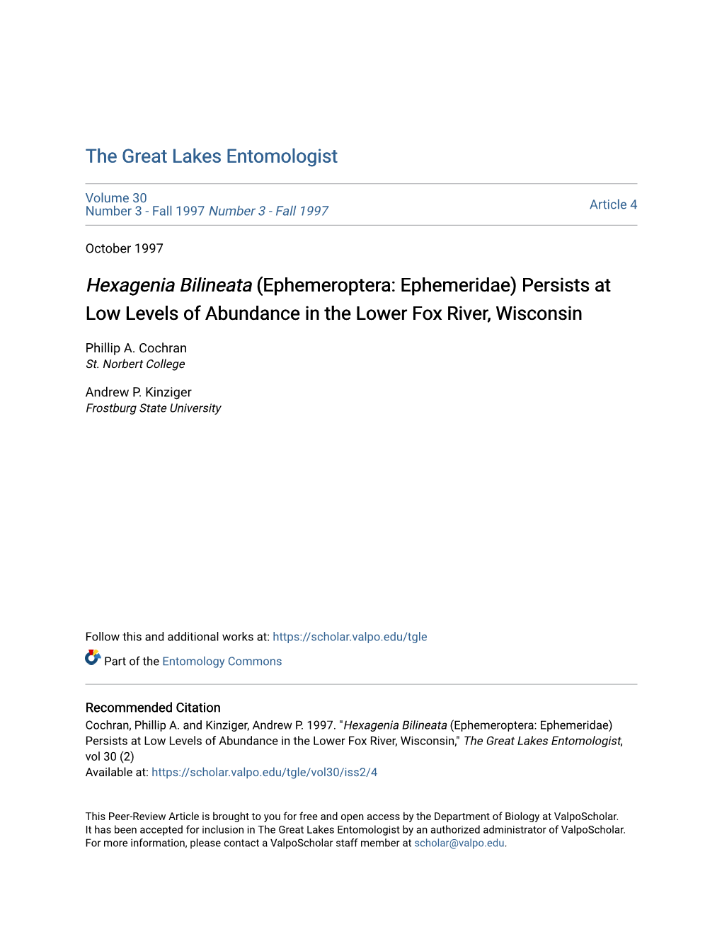 Hexagenia Bilineata (Ephemeroptera: Ephemeridae) Persists at Low Levels of Abundance in the Lower Fox River, Wisconsin