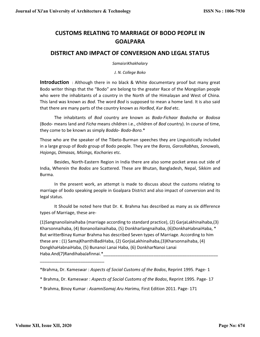 Customs Relating to Marriage of Bodo People in Goalpara District and Impact of Conversion and Legal Status