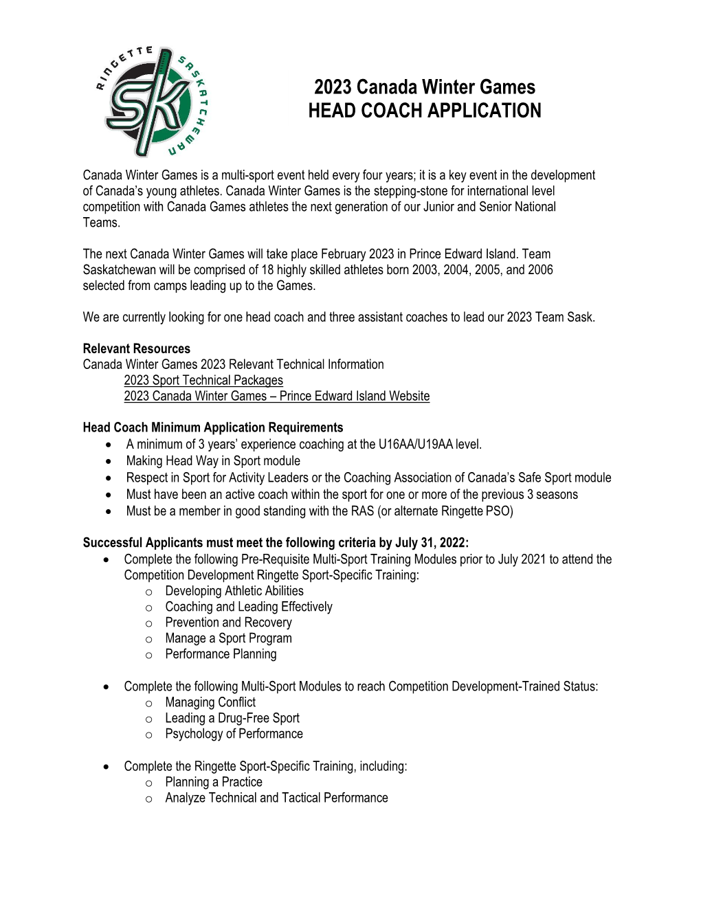 2023 Canada Winter Games HEAD COACH APPLICATION