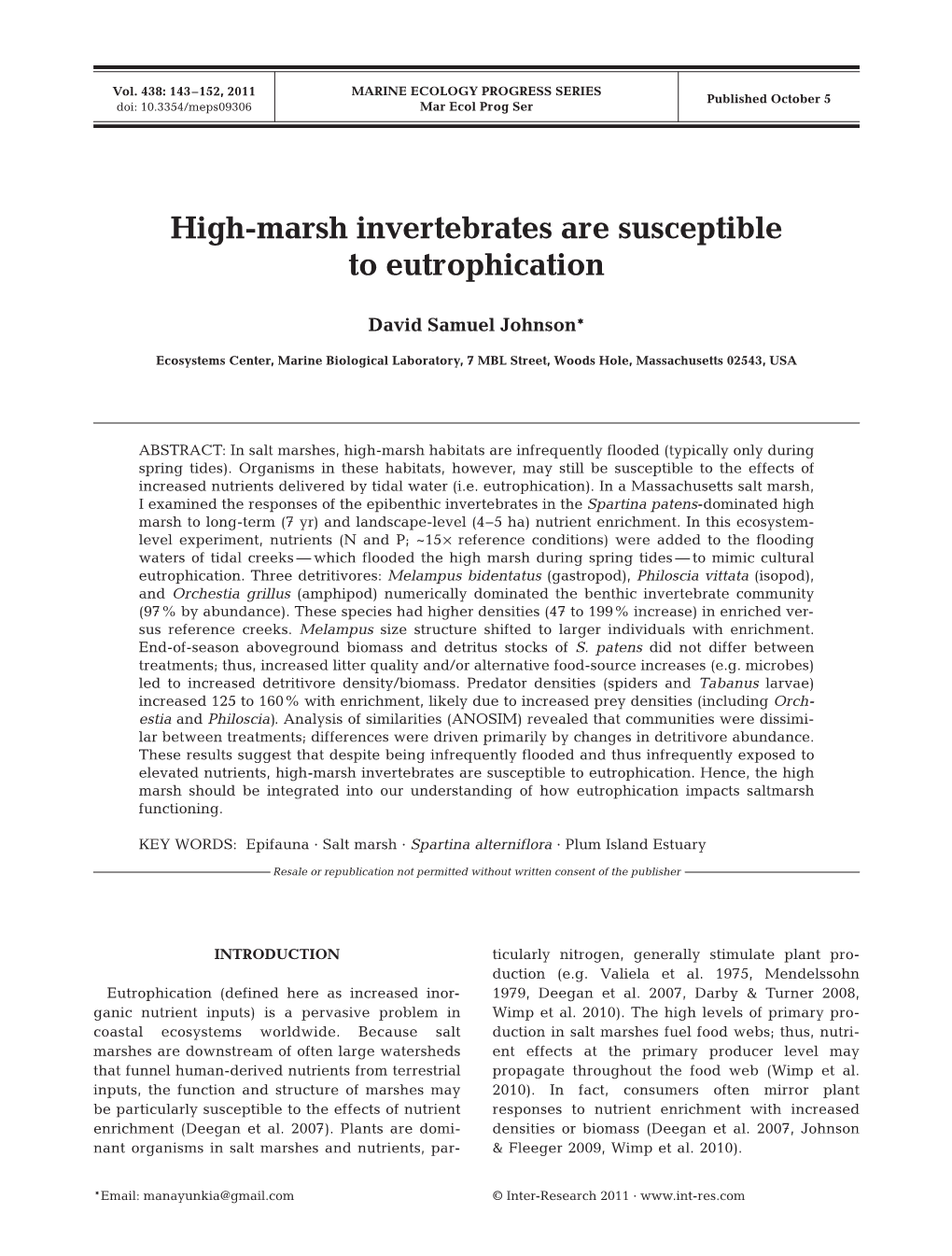 High-Marsh Invertebrates Are Susceptible to Eutrophication