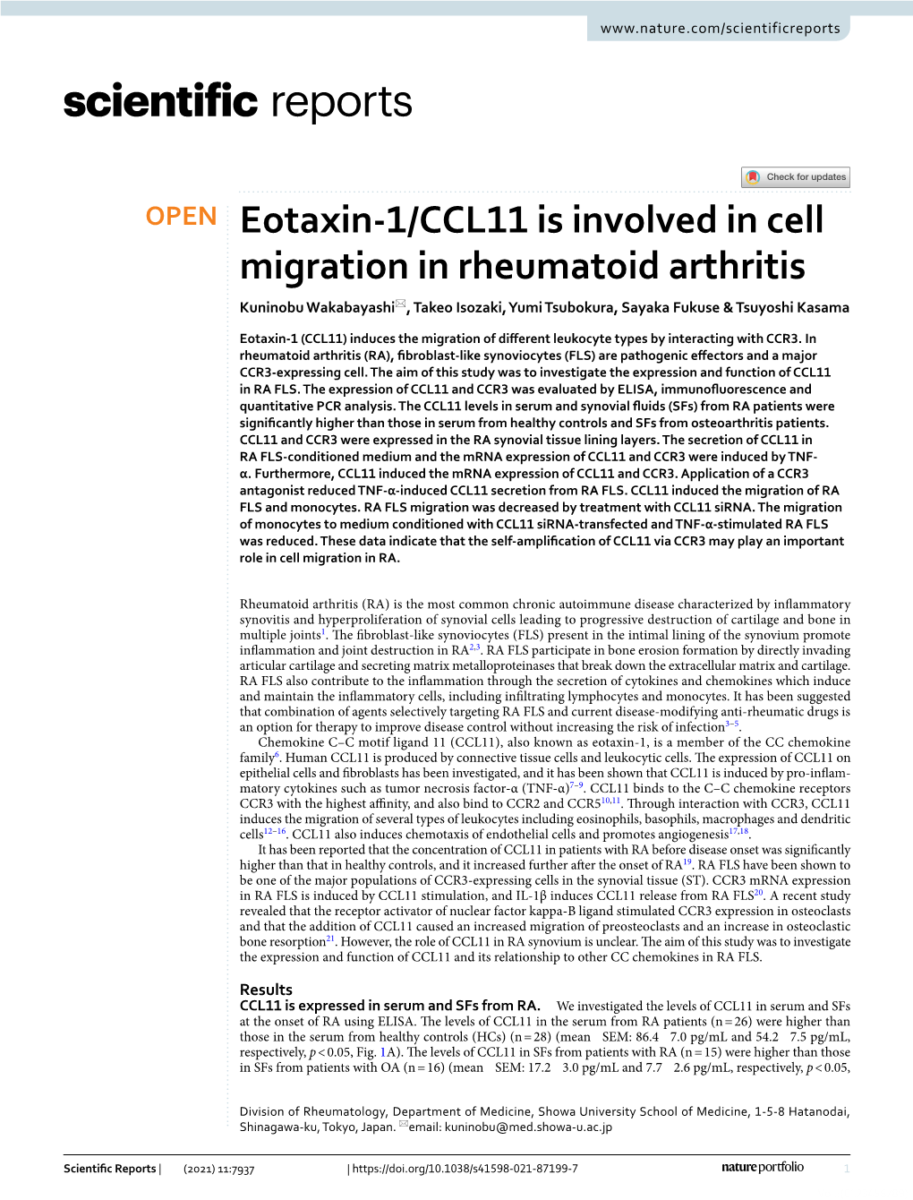 Eotaxin-1/CCL11 Is Involved in Cell Migration in Rheumatoid Arthritis