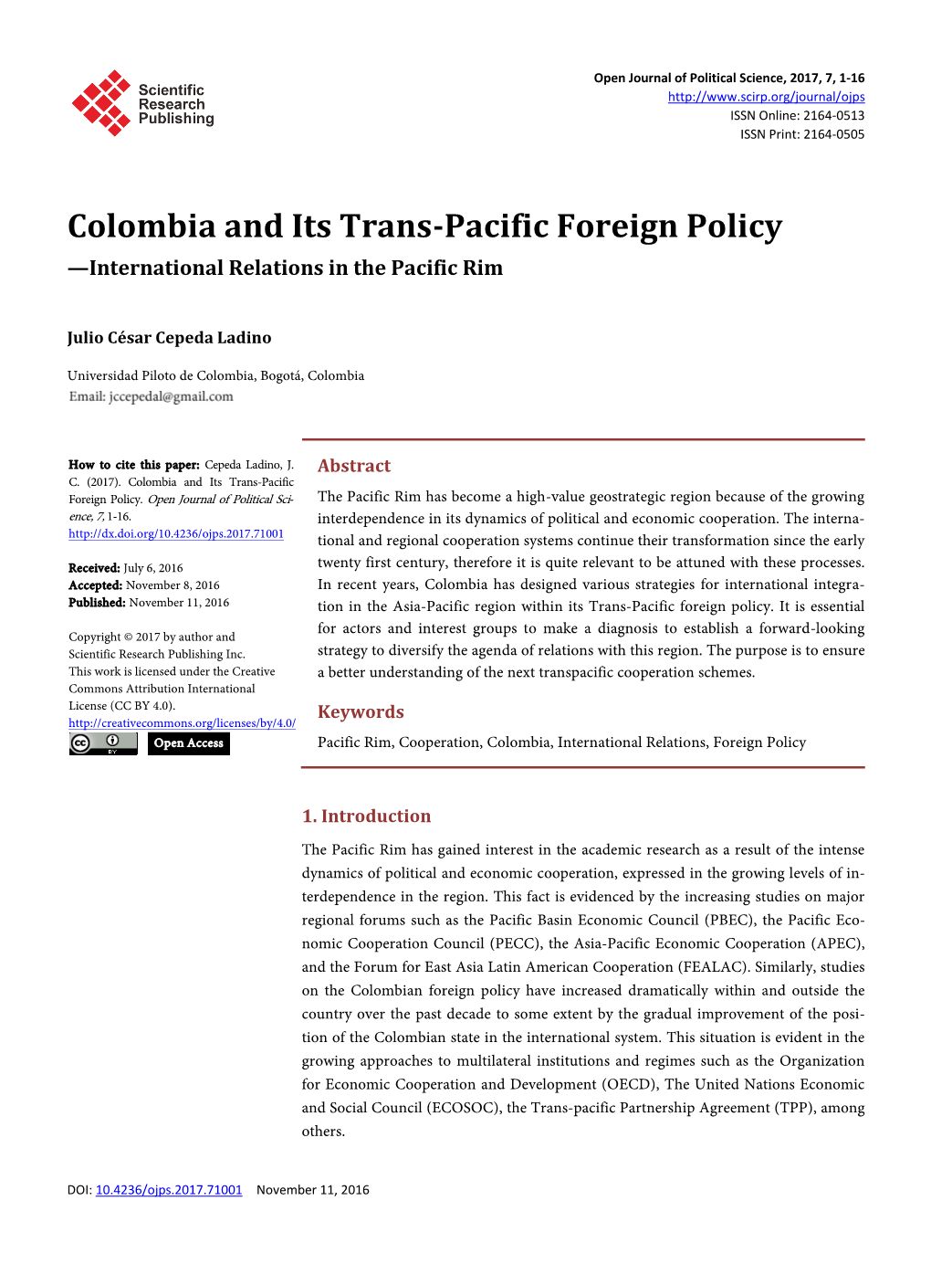 Colombia and Its Trans-Pacific Foreign Policy —International Relations in the Pacific Rim