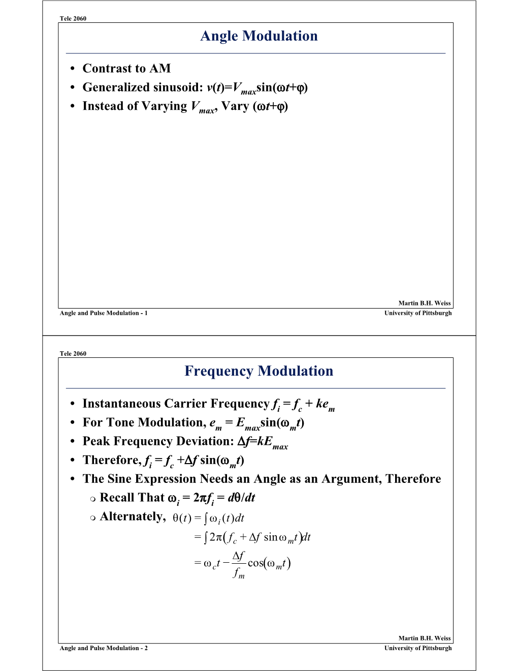 Angle Modulation Frequency Modulation ( )