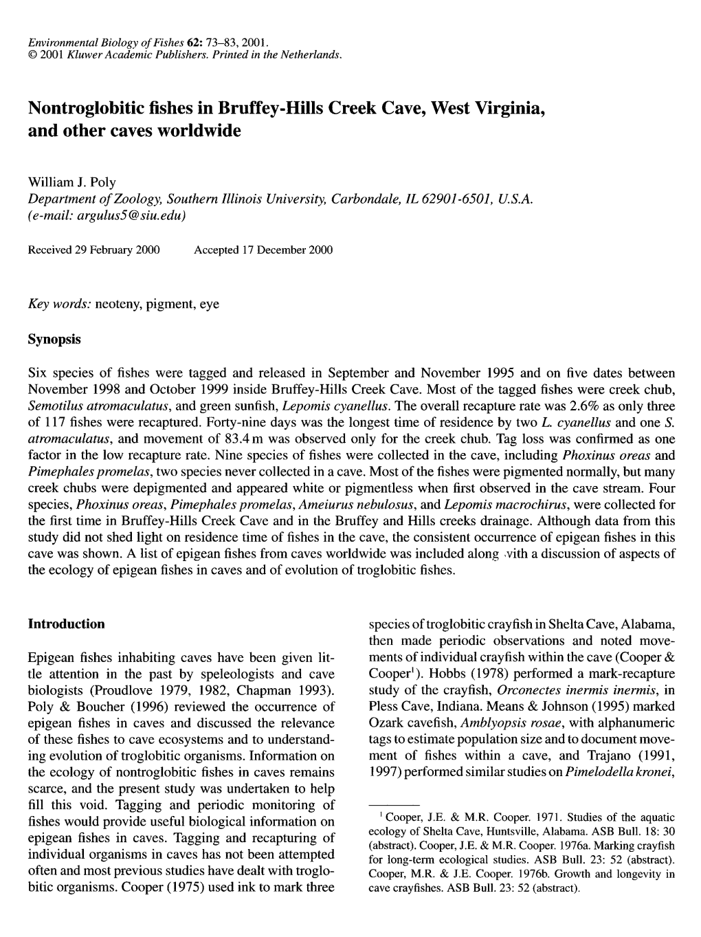 Nontroglobitic Fishes in Bruffey-Hills Creek Cave, West Virginia, and Other Caves Worldwide