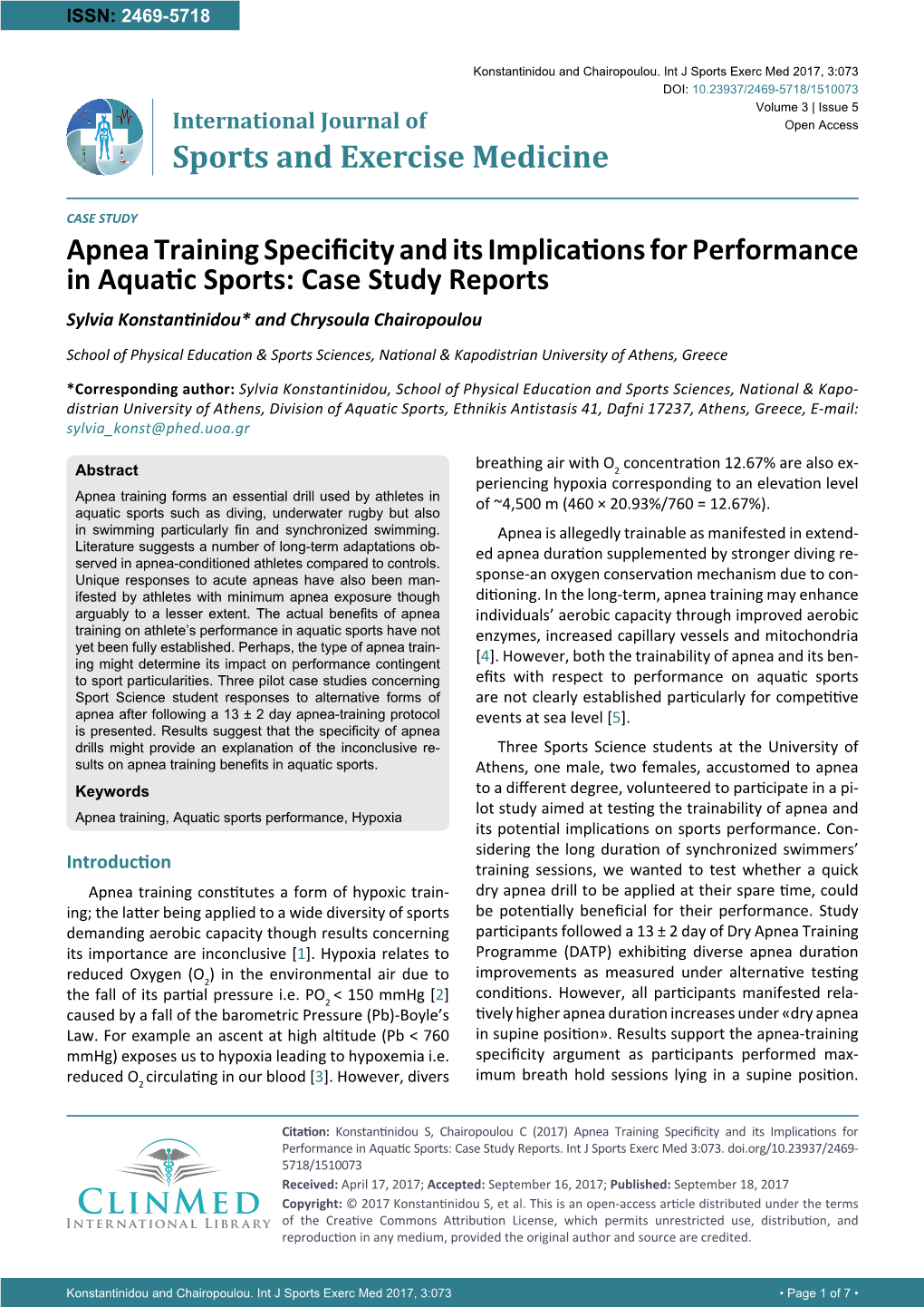 Apnea Training Specificity and Its Implications for Performance in Aquatic Sports: Case Study Reports Sylvia Konstantinidou* and Chrysoula Chairopoulou