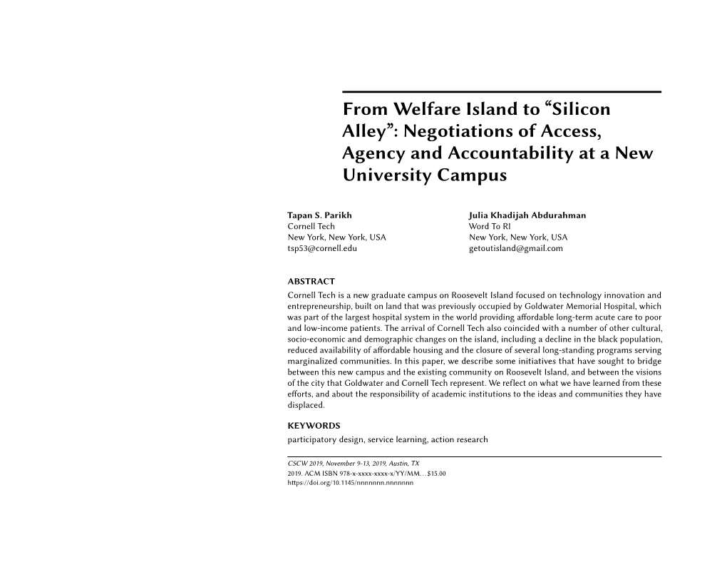 From Welfare Island to “Silicon Alley”: Negotiations of Access, Agency and Accountability at a New University Campus
